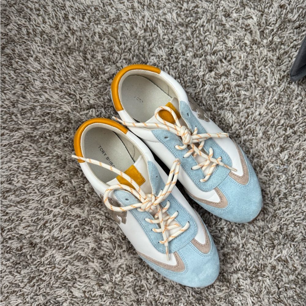 Tory Burch Blue and White Sneakers with Yellow Accents